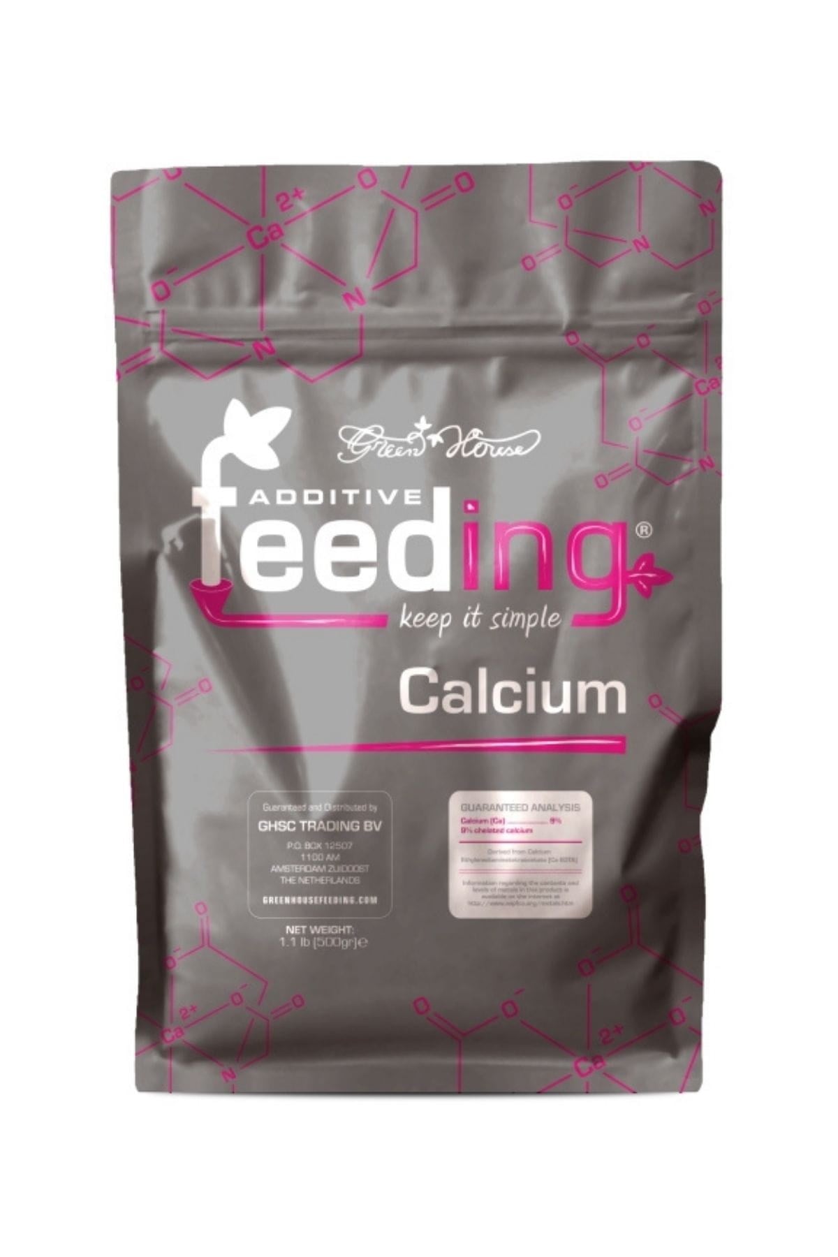 GHF Calcium 500 gram koyu gri folyo poşet – pembe hatlı molekül deseni, Calcium yazısı, kilitli ağız