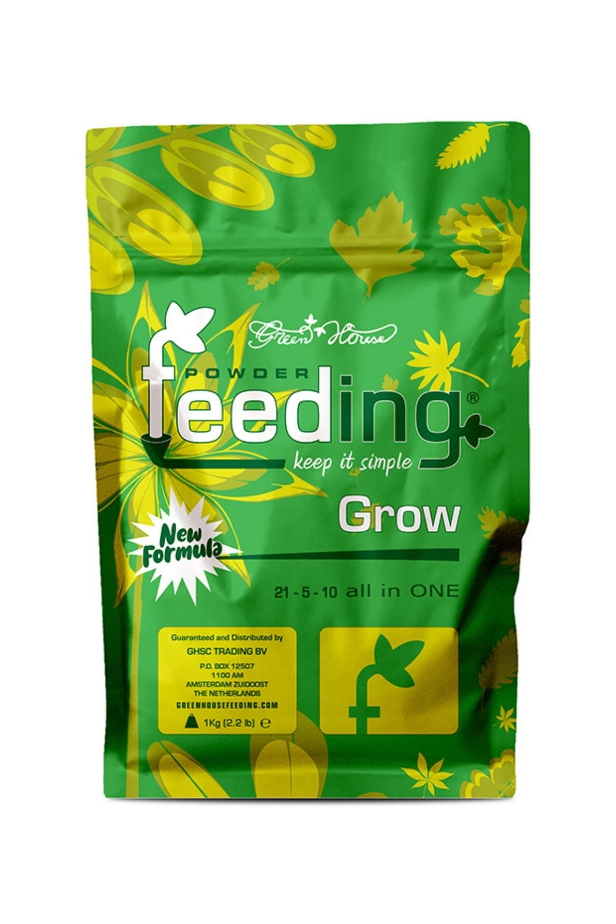 GHF Grow 1 kg yeşil folyo poşet – sarı yaprak desenli ön yüz, Grow yazısı ve analiz tablosu, kilitli ağız