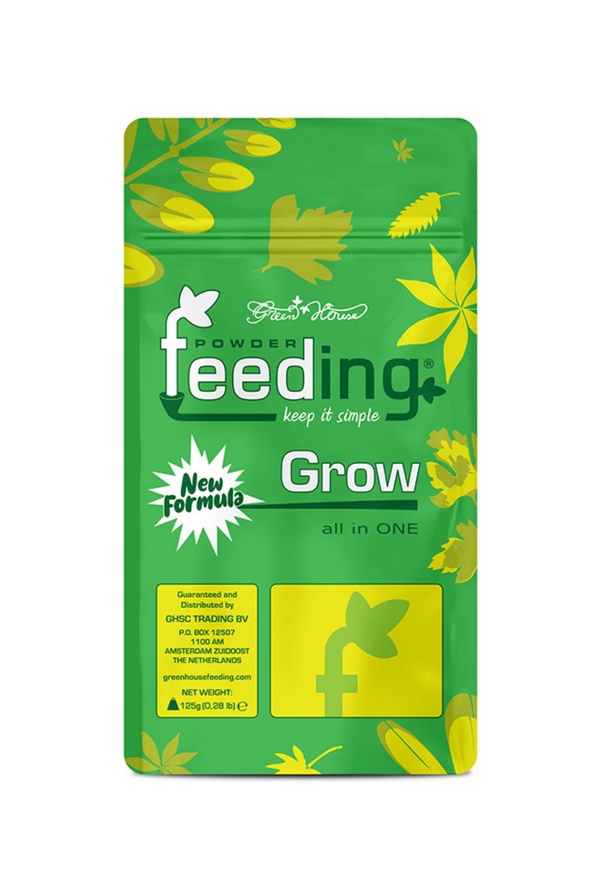 GHF Grow 125 gram yeşil folyo poşet – sarı yaprak desenli ön yüz, Powder Feeding logosu ve kilitli ağız