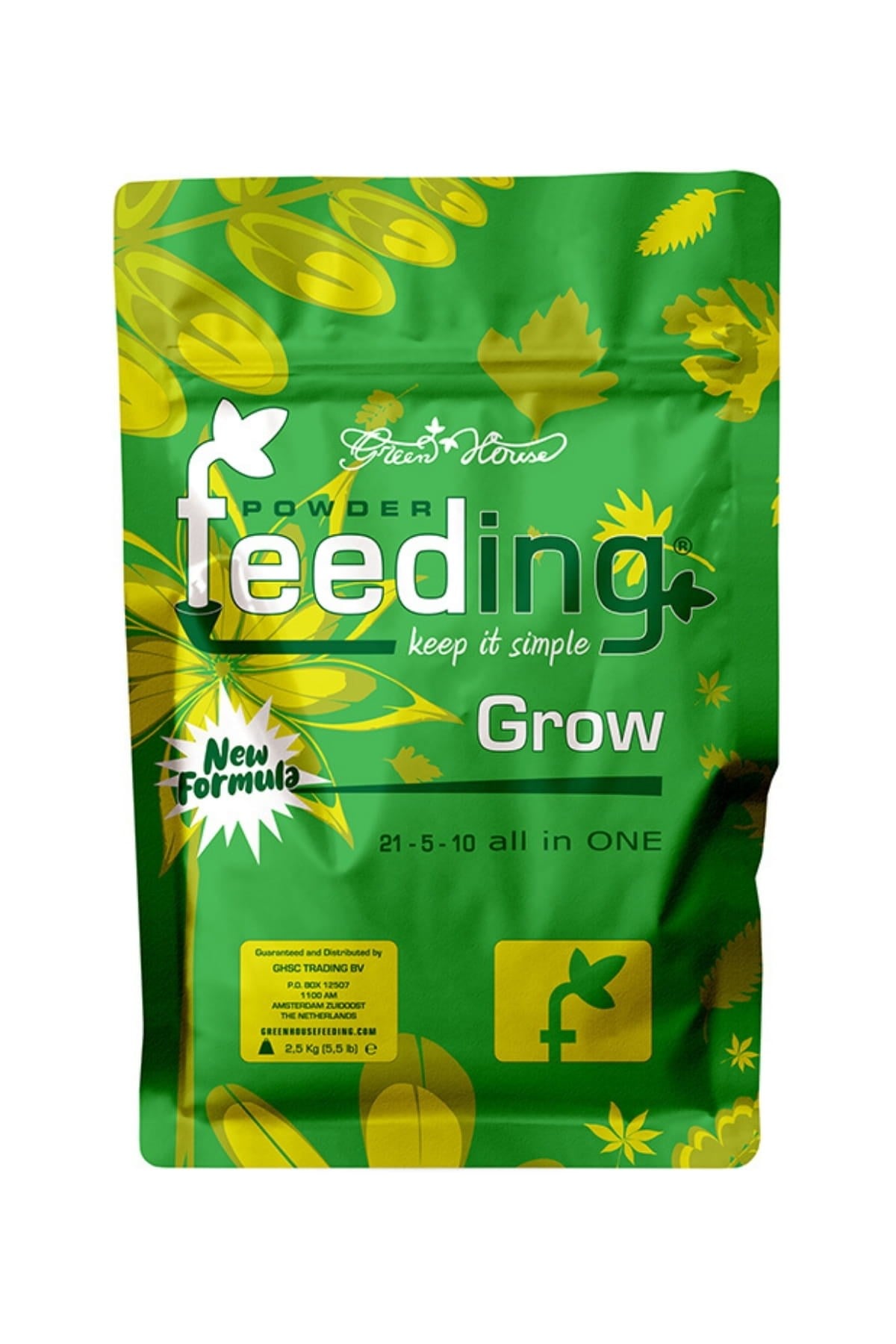 GHF Grow 2,5 kg yeşil folyo poşet – sarı yapraklı desen, Grow yazısı, kilitli ağız ve büyük hacimli gövde