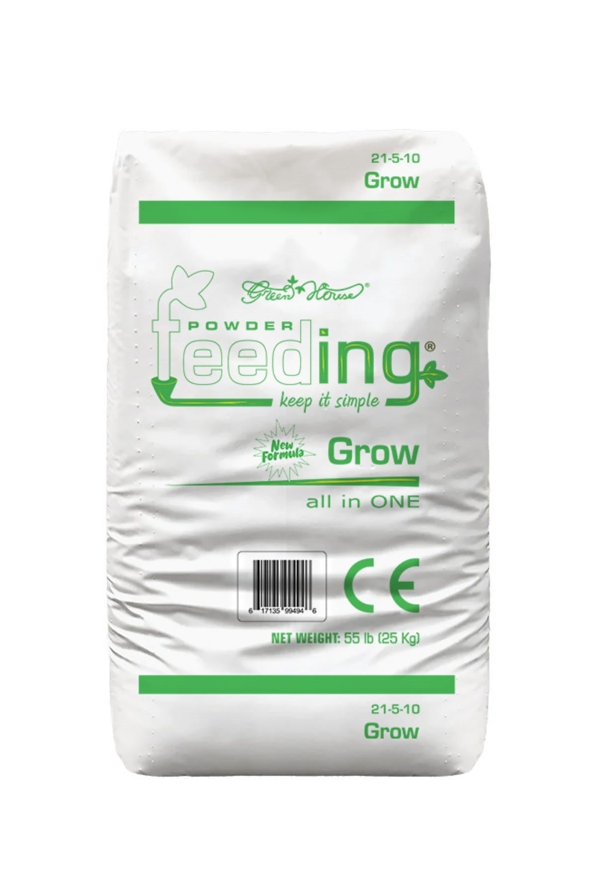 GHF Grow 25 kg beyaz çuval – yeşil bantlı Powder Feeding baskısı, 21-5-10 değeri ve CE işareti