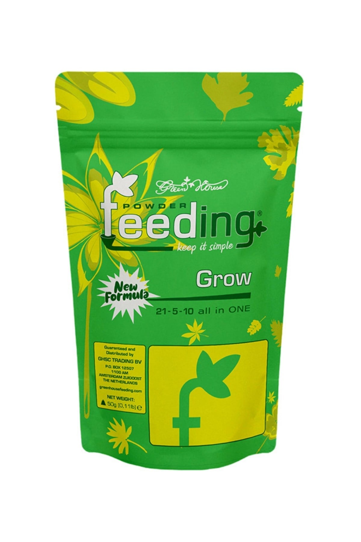 GHF Grow 50 gram yeşil folyo poşet – sarı yapraklı desen, Powder Feeding logosu ve kilitli ağız