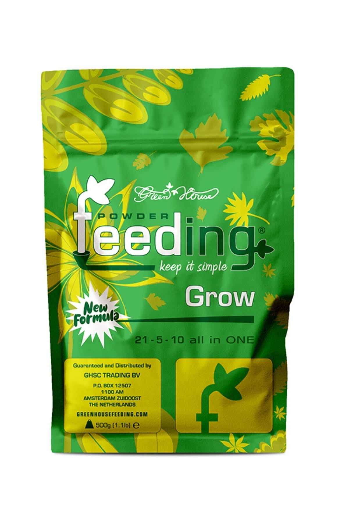 GHF Grow 500 gram yeşil folyo poşet – sarı yapraklı desen, Grow yazısı ve 21-5-10 değeri, kilitli ağız