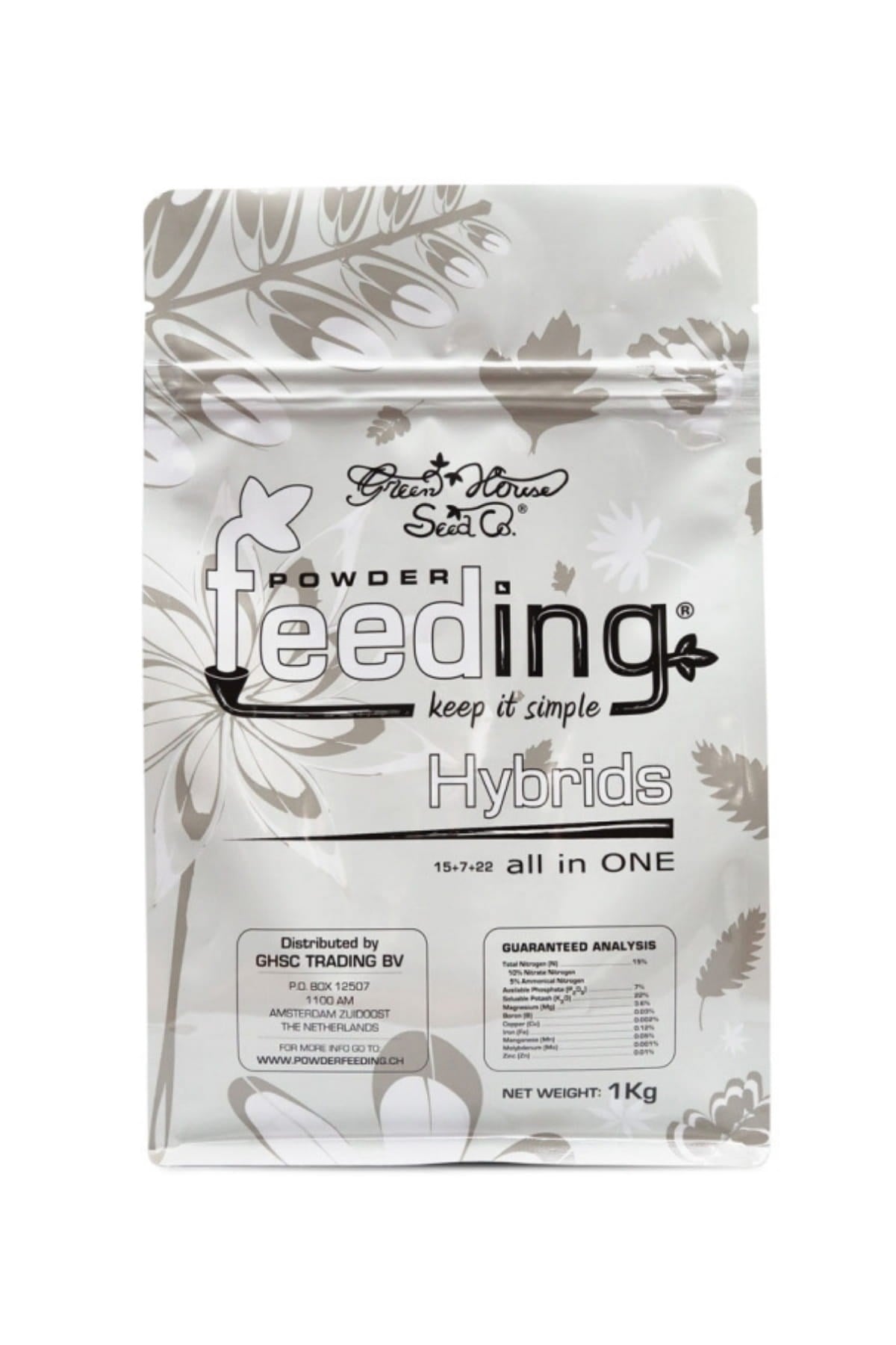 GHF Hybrids 1 kg gümüş folyo poşet – çiçek desenli ön yüz, analiz tablosu, 1 kg yazısı ve kilitli ağız