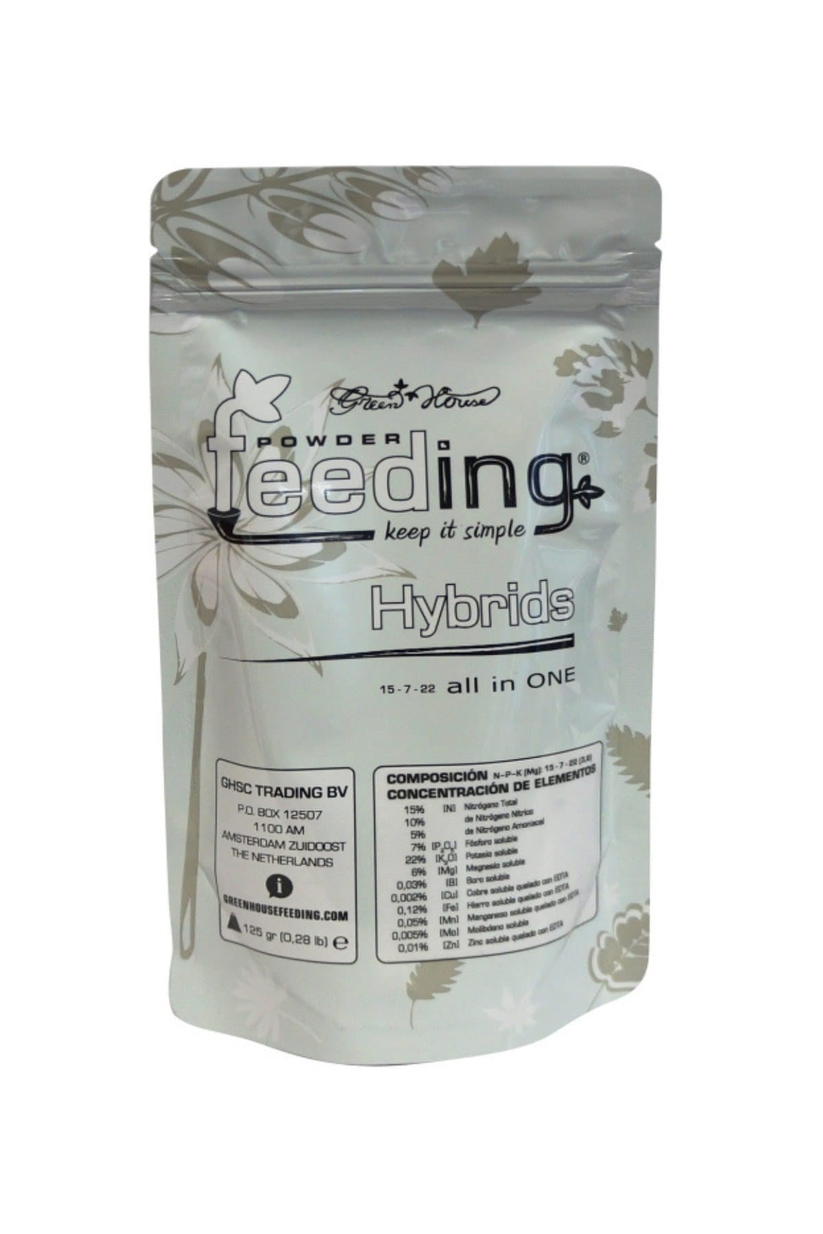GHF Hybrids 125 gram gümüş folyo poşet – çiçek desenli ön yüz, Hybrids yazısı ve 15-7-22 değeri