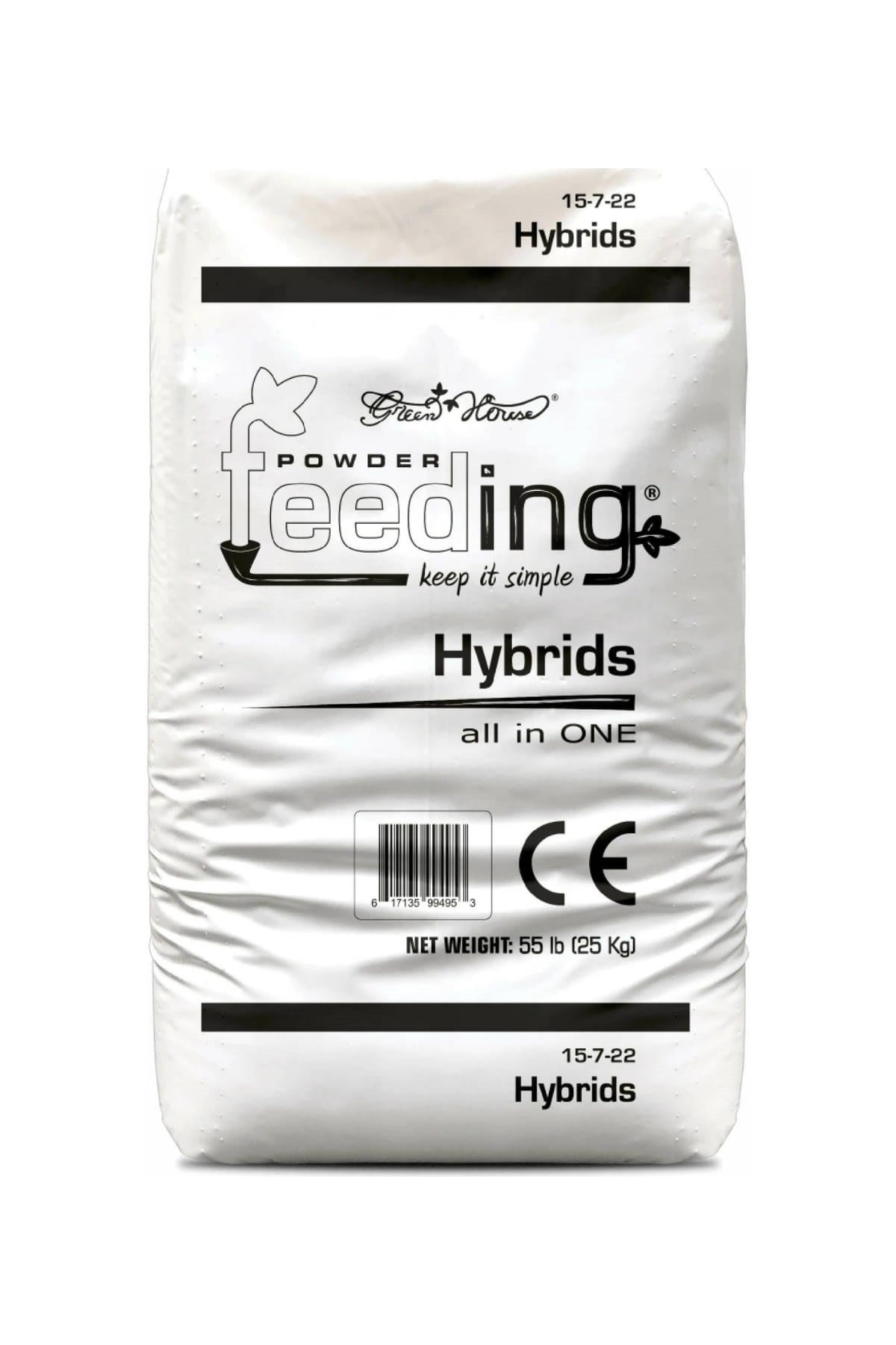 GHF Hybrids 25 kg beyaz çuval – siyah bantlı Powder Feeding baskısı, 15-7-22 değeri ve CE işareti