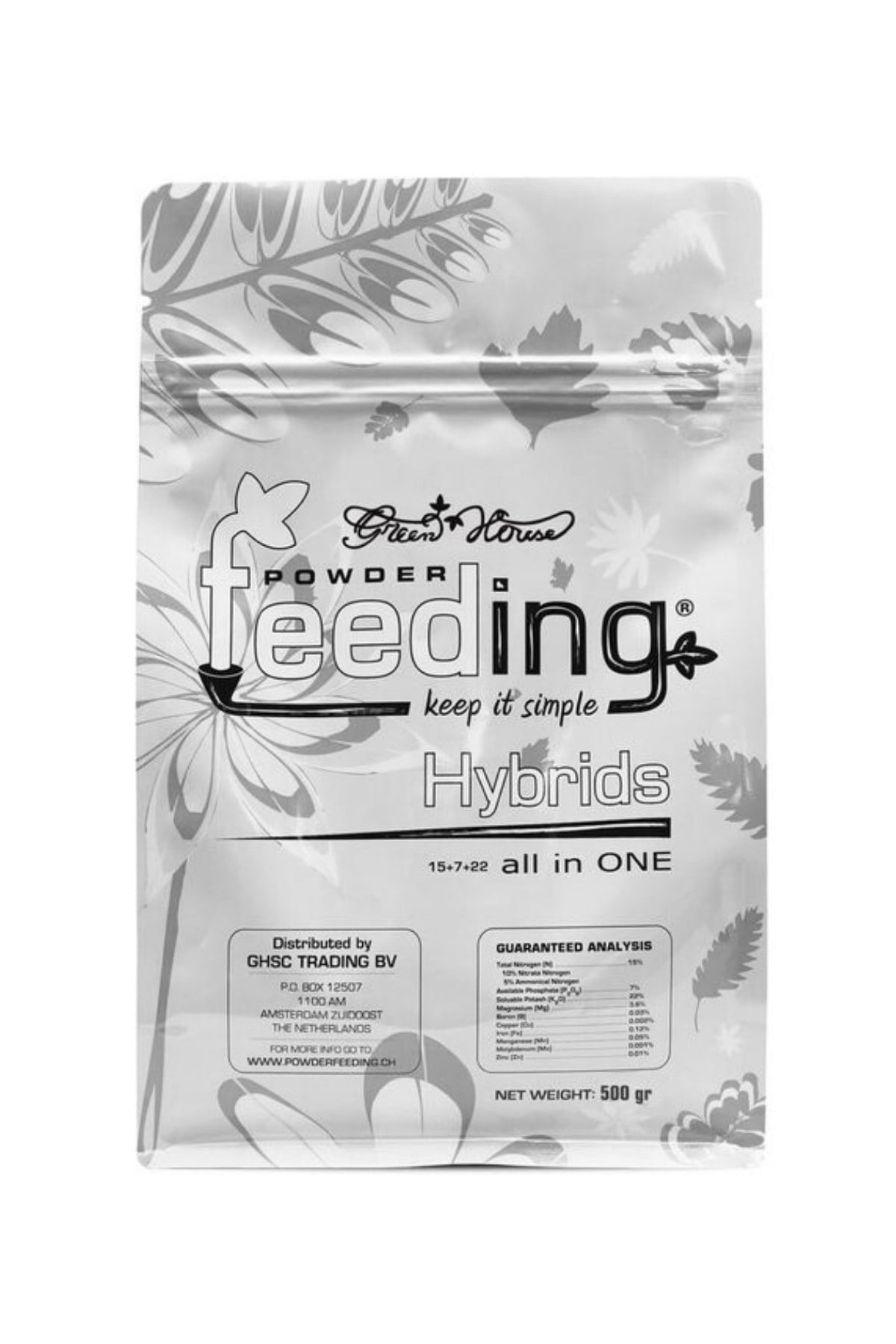 GHF Hybrids 500 gram gümüş folyo poşet – çiçek desenli tasarım, Hybrids yazısı ve kilitli ağız