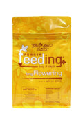 GHF Long Flowering 1 kg sarı folyo poşet – yaprak desenli tasarım, analiz tablosu ve kilitli ağız