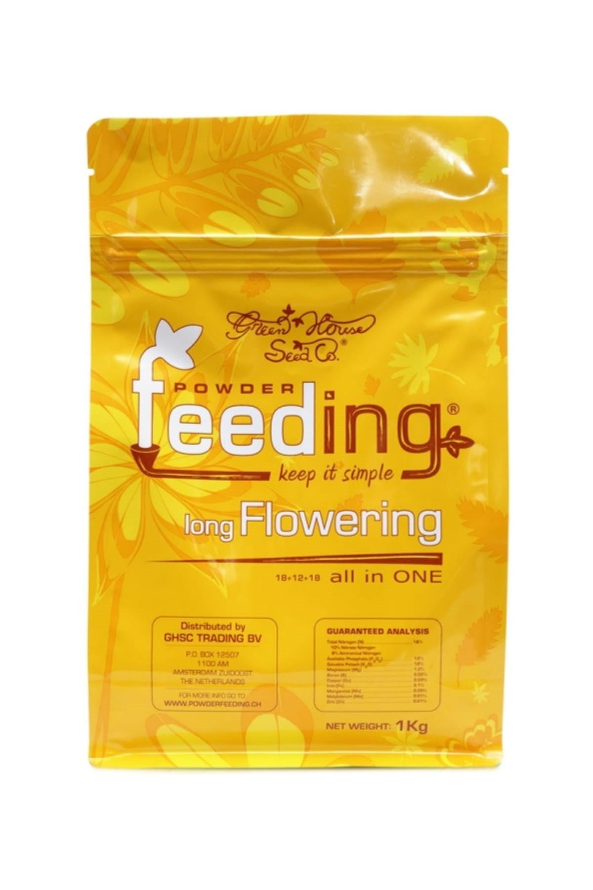 GHF Long Flowering 1 kg sarı folyo poşet – yaprak desenli tasarım, analiz tablosu ve kilitli ağız