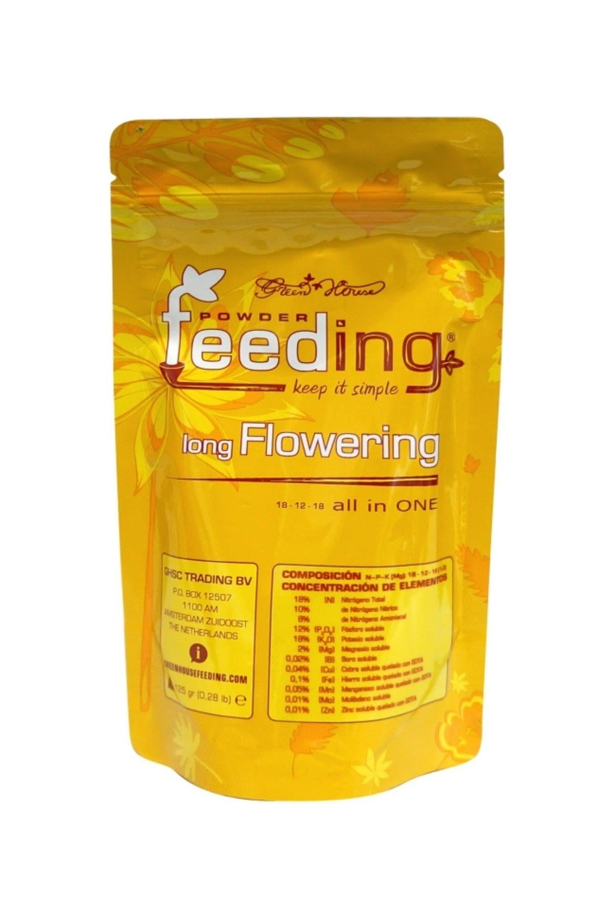 GHF Long Flowering 125 gram sarı folyo poşet – yaprak desenli ön yüz ve long Flowering yazısı