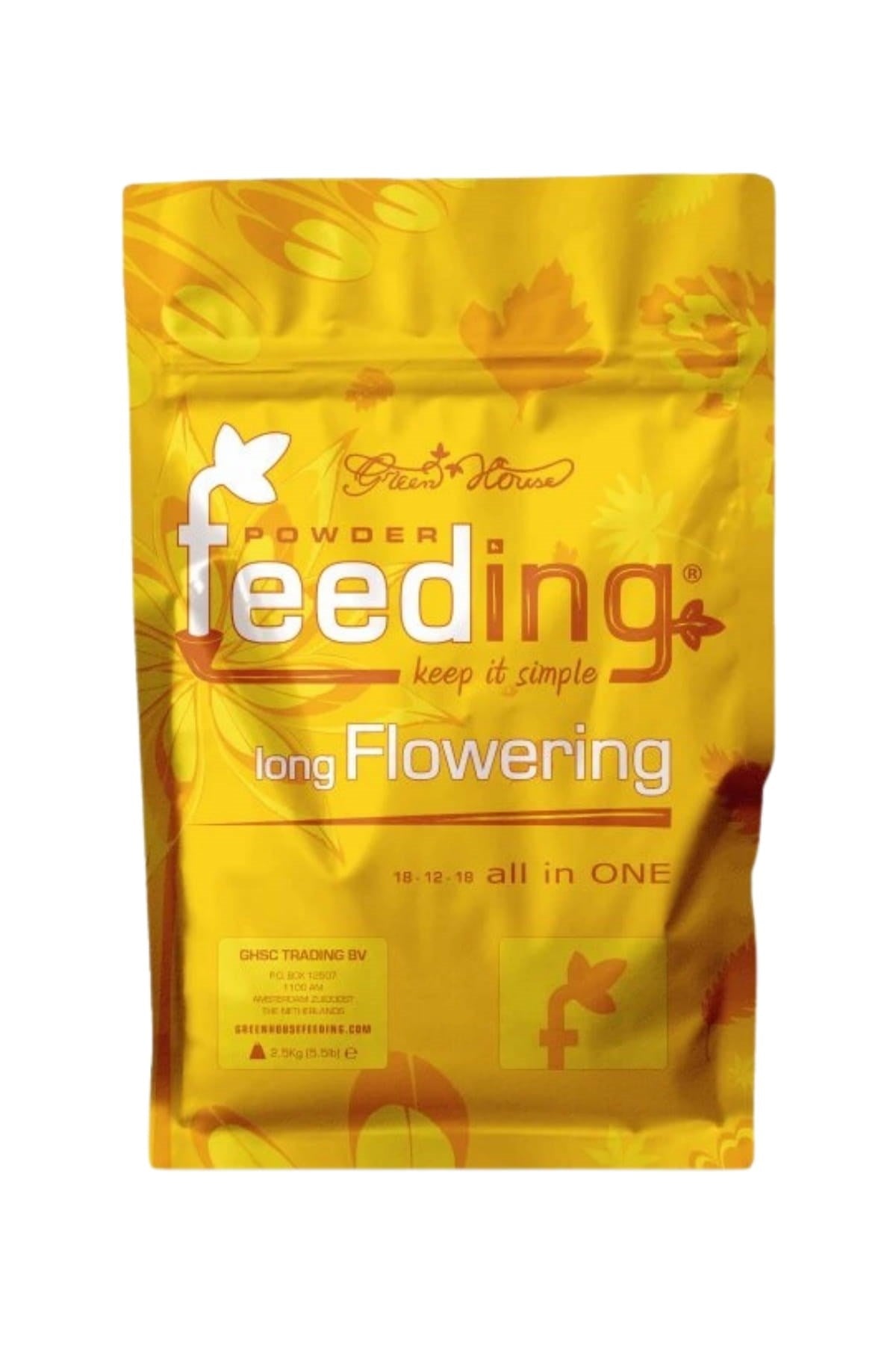 GHF Long Flowering 2,5 kg sarı folyo poşet – yapraklı desen, ürün adı yazılı ön yüz ve büyük gövde