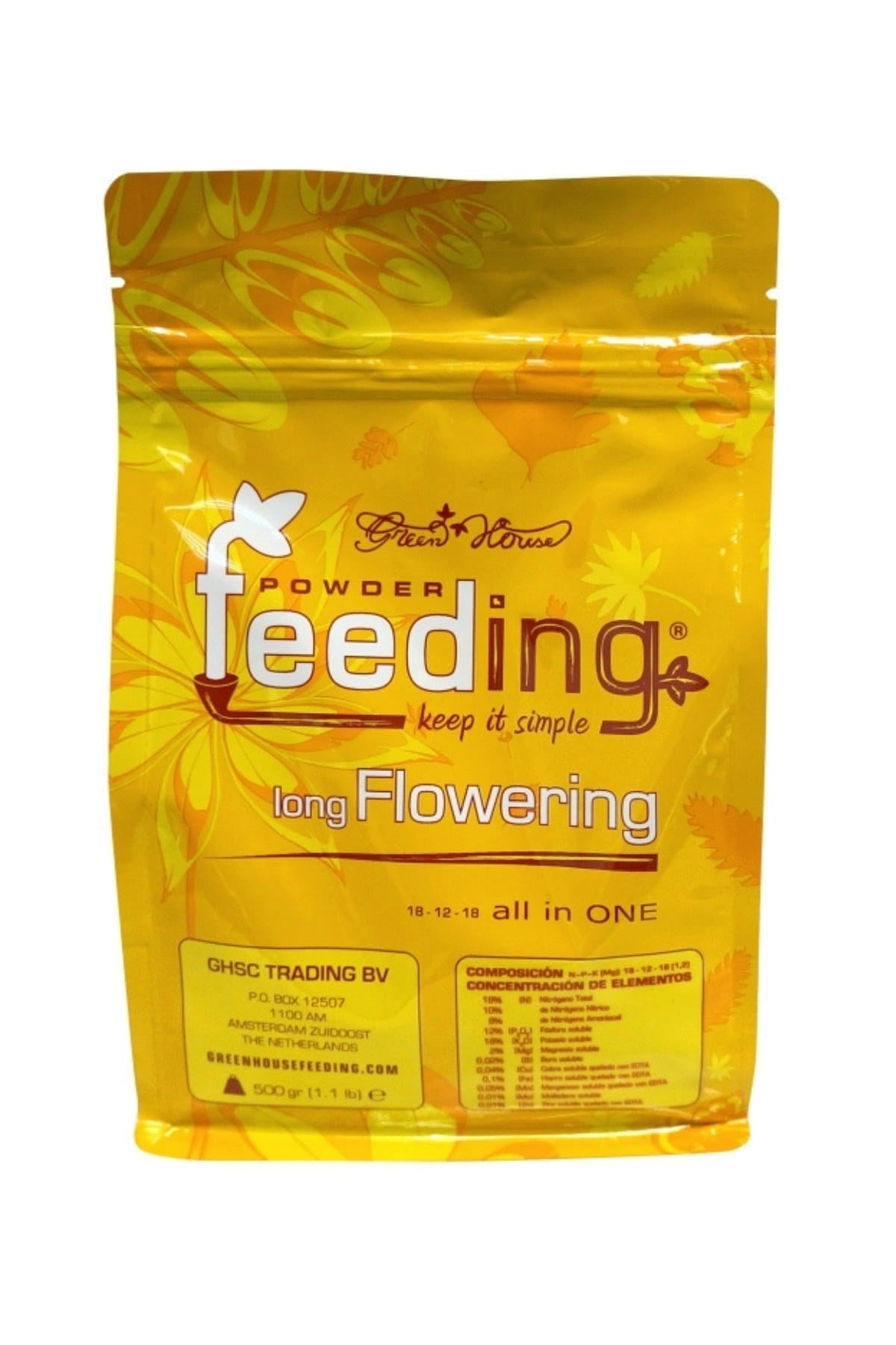 GHF Long Flowering 500 gram sarı folyo poşet – yapraklı desen, ürün adı yazılı ön yüz, kilitli ağız