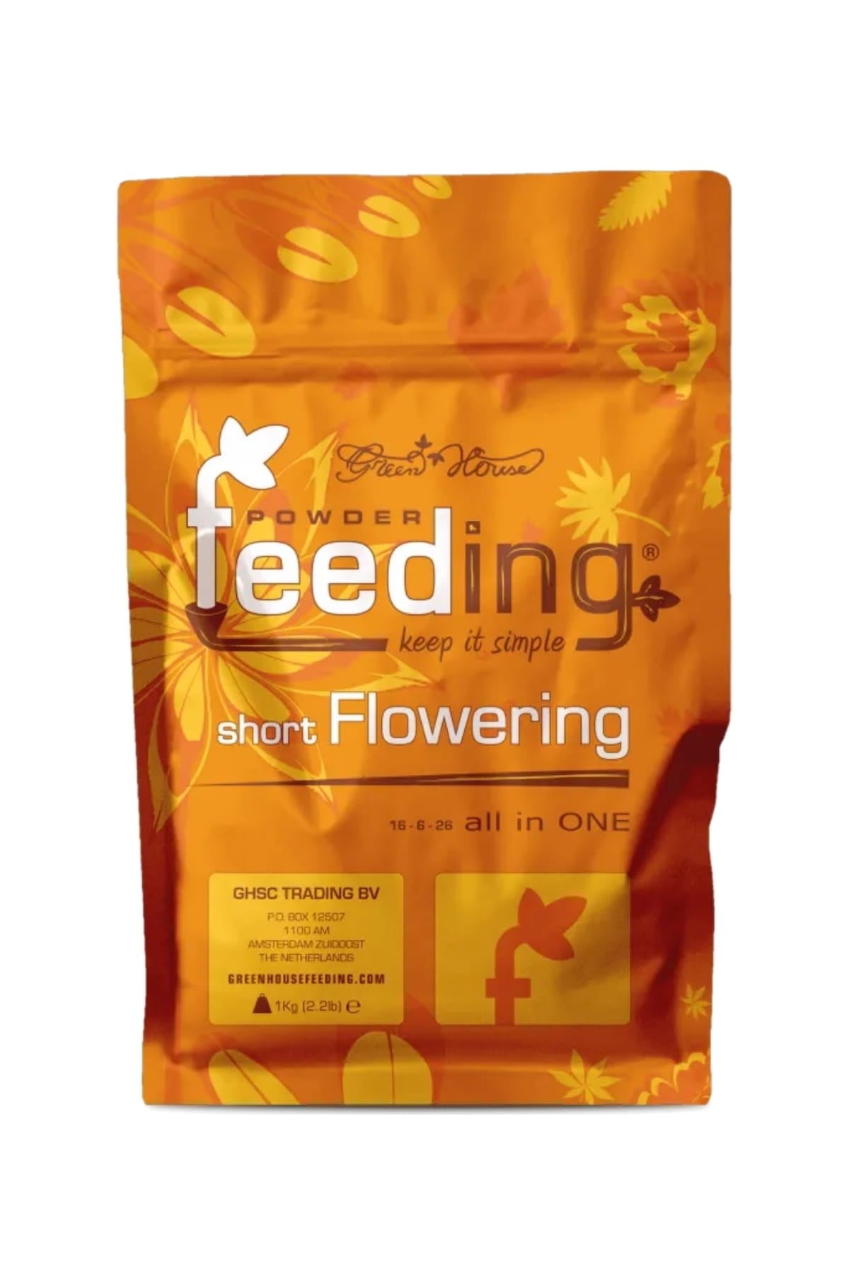 GHF Short Flowering 1 kg turuncu folyo poşet – yaprak desenli tasarım, analiz tablosu ve kilitli ağız