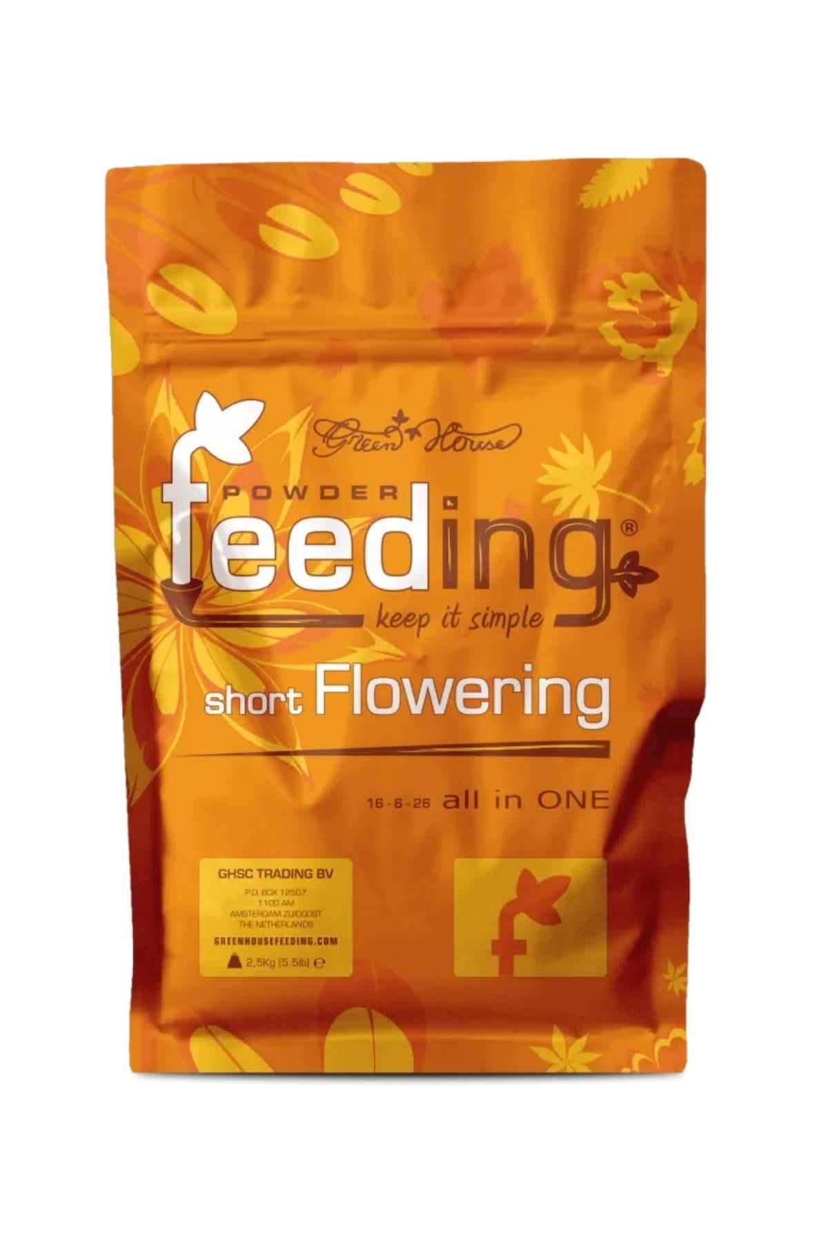 GHF Short Flowering 2,5 kg turuncu folyo poşet – yapraklı desen, ürün adı yazılı ön yüz, büyük gövde