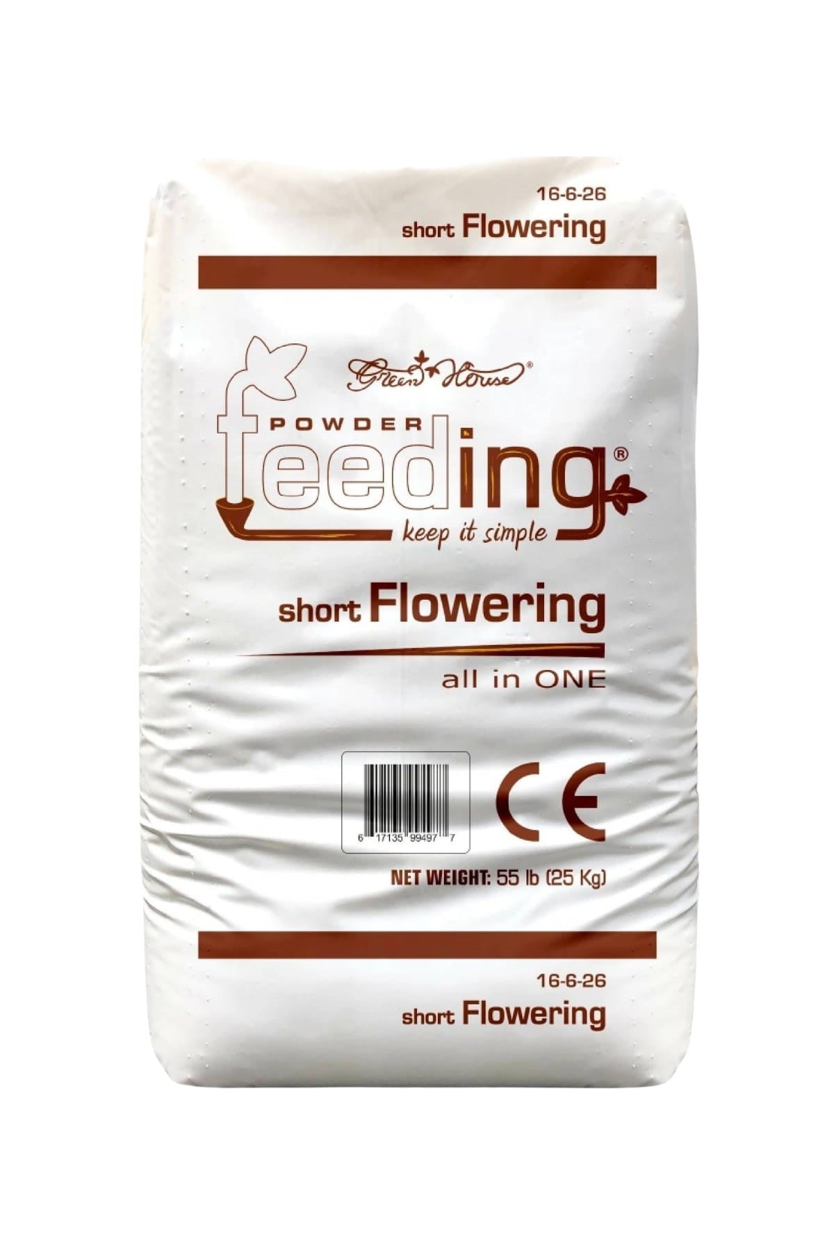 GHF Short Flowering 25 kg beyaz çuval – kahverengi bantlı baskı, 16-6-26 değeri ve CE işaretli ön yüz