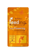 GHF Short Flowering 50 gram turuncu folyo poşet – yapraklı desen, Powder Feeding logosu, kilitli ağız