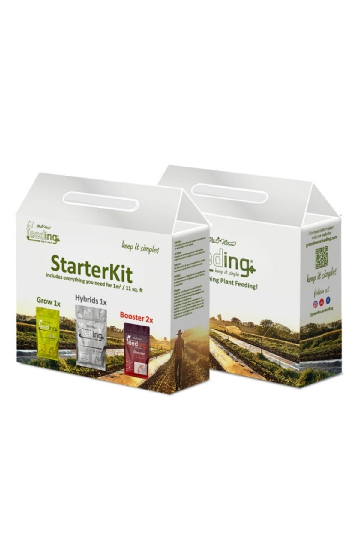 GHF Starter Kit – kulplu beyaz karton kutu, üzerinde Grow, Hybrids ve iki adet Booster paketi görseli
