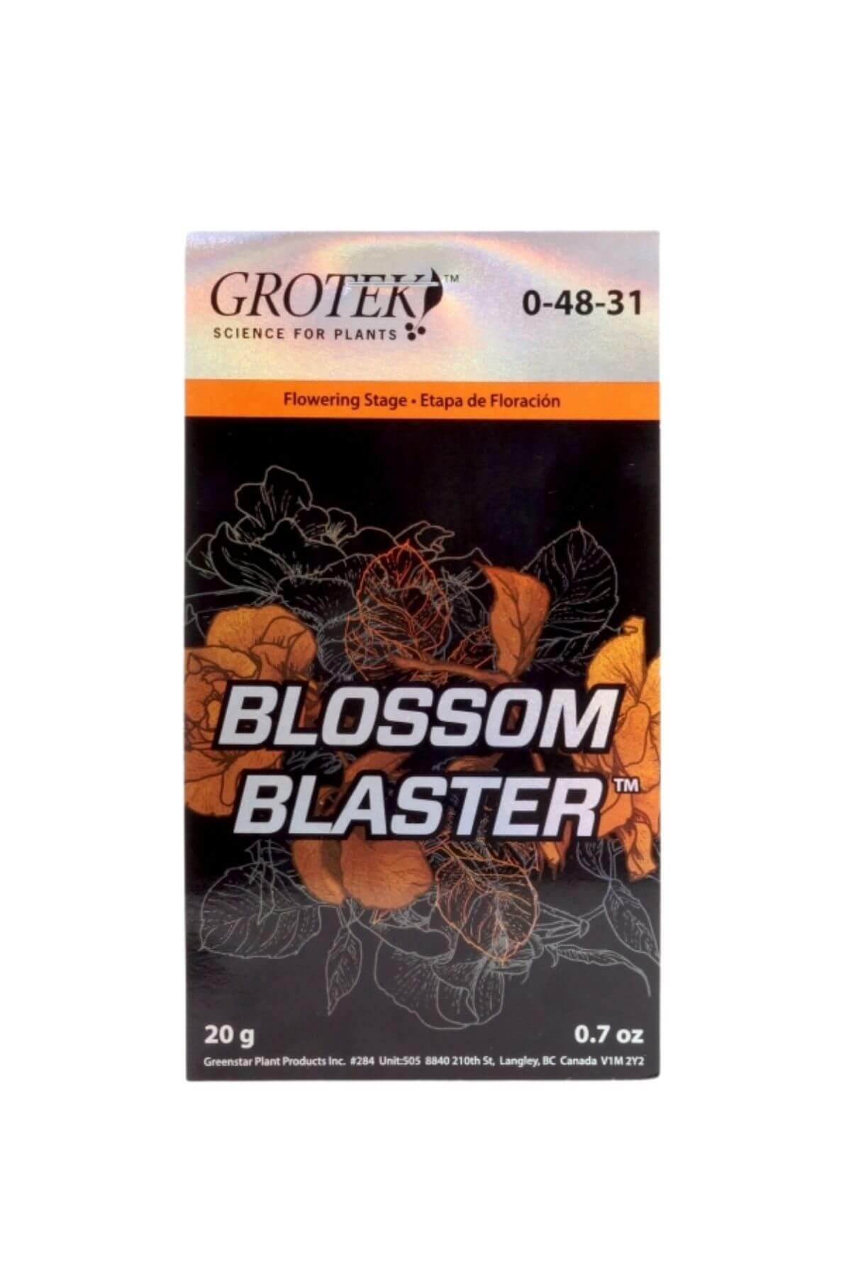 Grotek Blossom Blaster 20 gr – kapaklı kutuda beyaz toz ürün ve Grotek logolu ürün etiketi