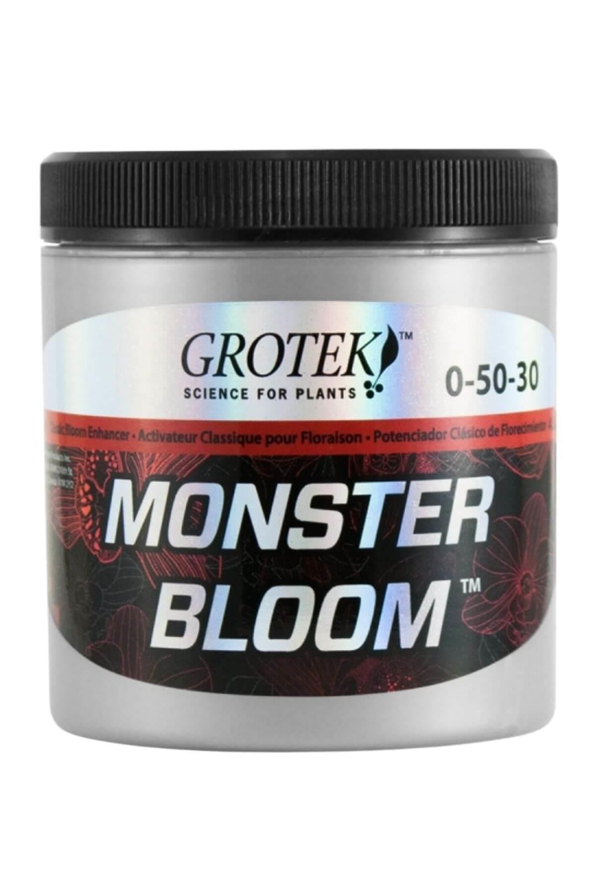 Grotek Monster Bloom 130 g – kapaklı kutuda beyaz toz ürün ve Grotek logolu renkli etiket