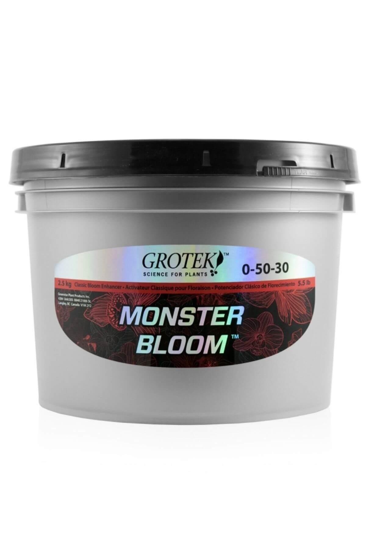 Grotek Monster Bloom 2,5 kg – kapaklı kutuda beyaz toz ürün ve Grotek logolu renkli etiket