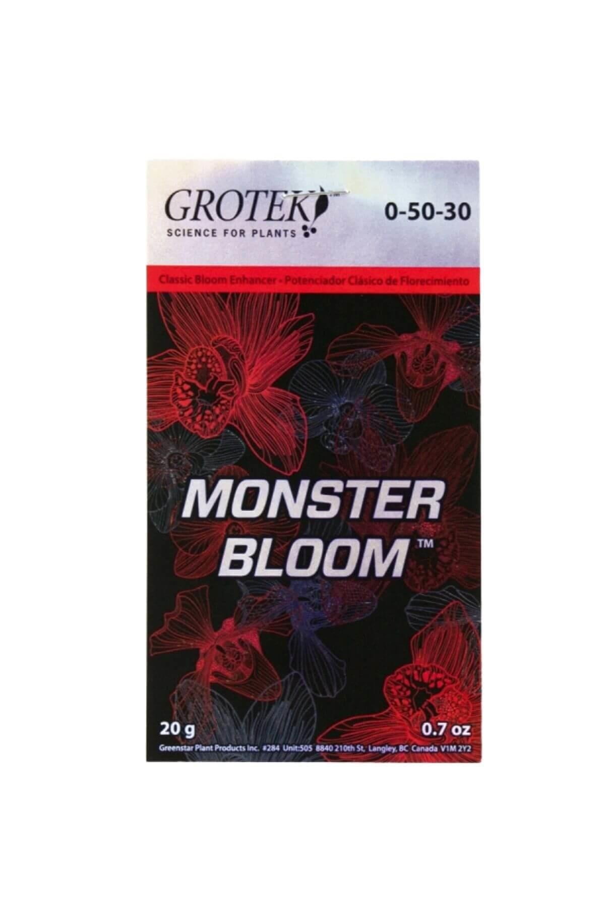 Grotek Monster Bloom 20 g – kapaklı kutuda beyaz toz ürün ve Grotek logolu renkli etiket