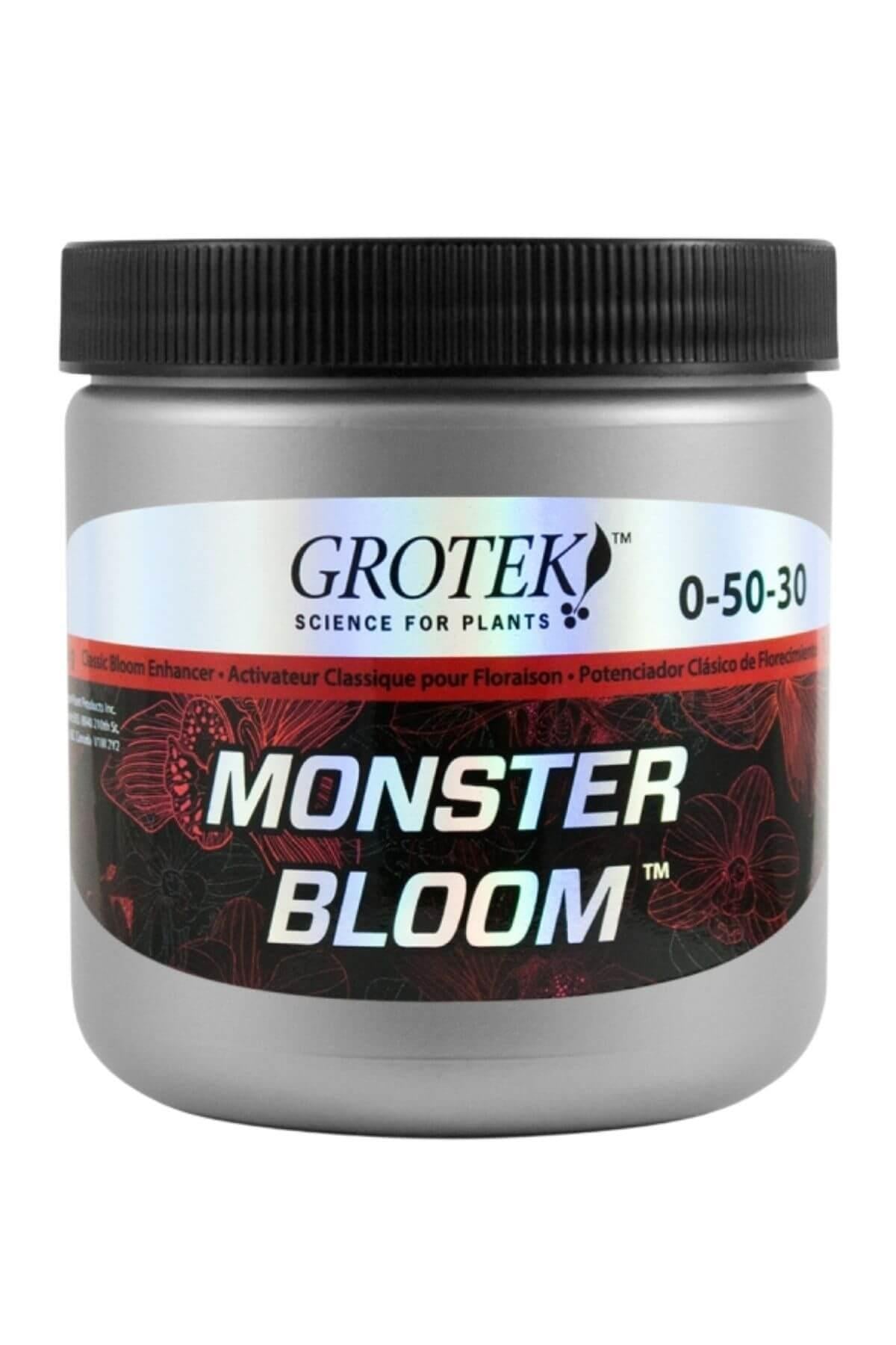Grotek Monster Bloom 500 g – kapaklı kutuda beyaz toz ürün ve Grotek logolu renkli etiket