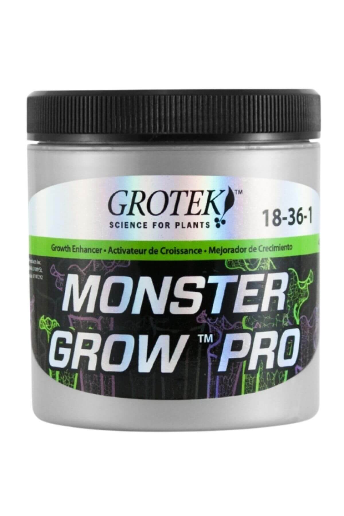Grotek Monster Grow Pro 130 gr – kapaklı kutuda toz ürün ve Grotek logolu renkli ürün etiketi