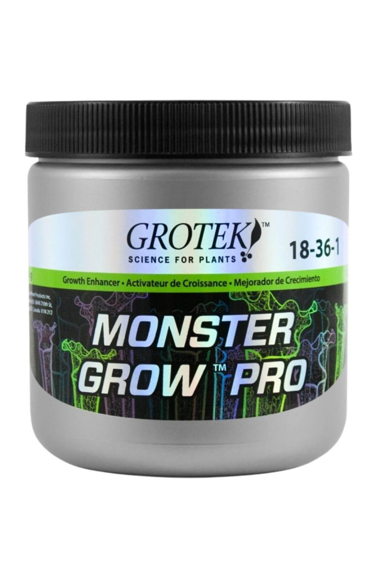Grotek Monster Grow Pro 500 gr – kapaklı kutuda toz ürün ve Grotek logolu renkli ürün etiketi