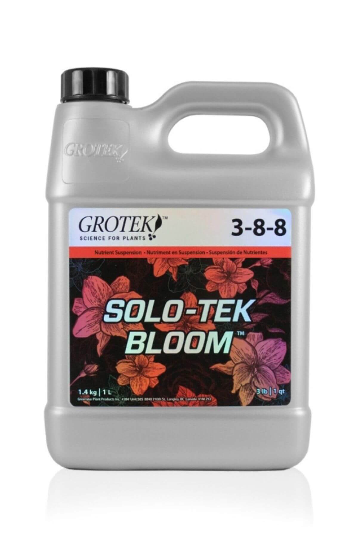 Grotek SoloTek Bloom 1 litre – kapaklı plastik şişe ve Grotek logolu renkli ürün etiketi