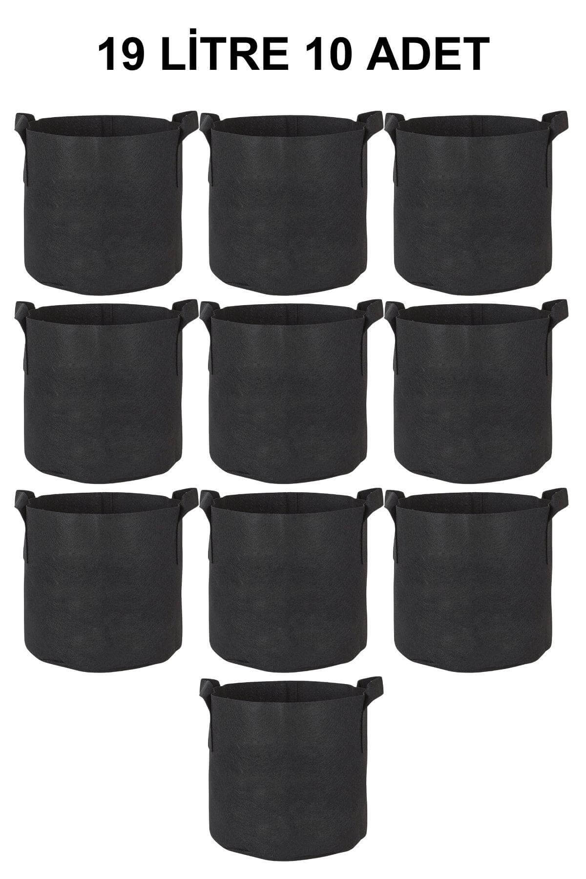 Grow Wizard 19 litre kumaş saksı 10 adet – on adet siyah kumaş saksının katlanmış toplu görünümü
