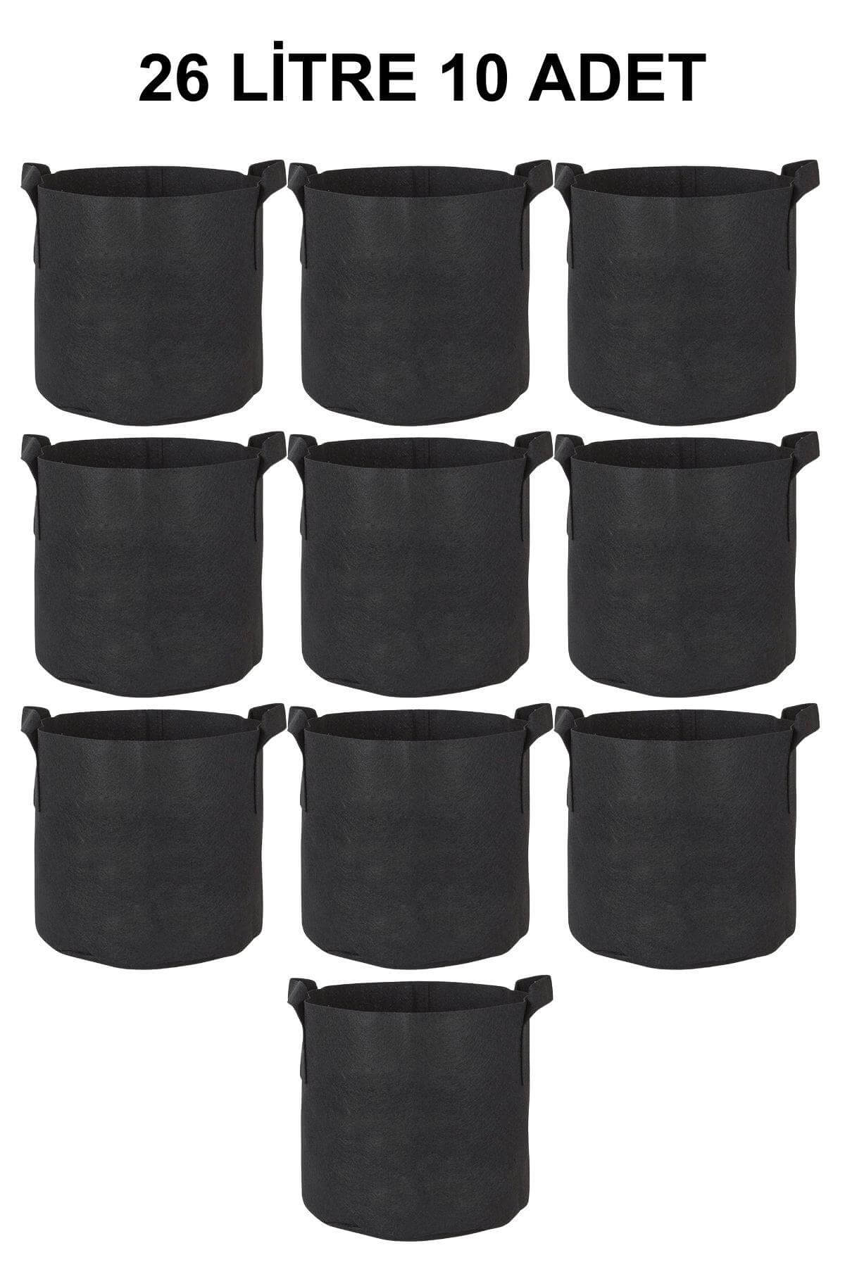 Grow Wizard 26 litre kumaş saksı 10 adet – on adet siyah kumaş saksının istiflenmiş paket görünümü