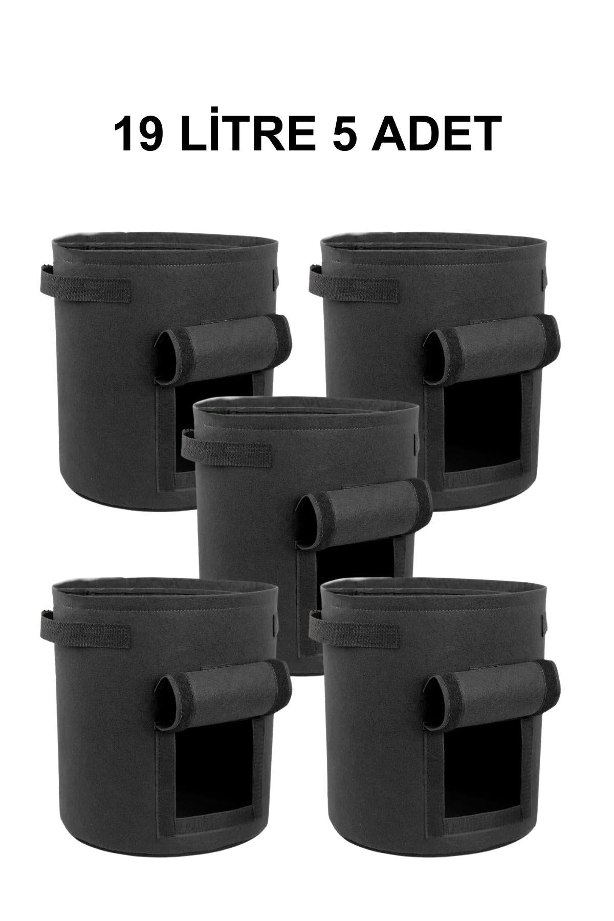 Grow Wizard 19 litre pencereli kumaş saksı 5 adet – beş adet gözlem kapaklı siyah kumaş saksı