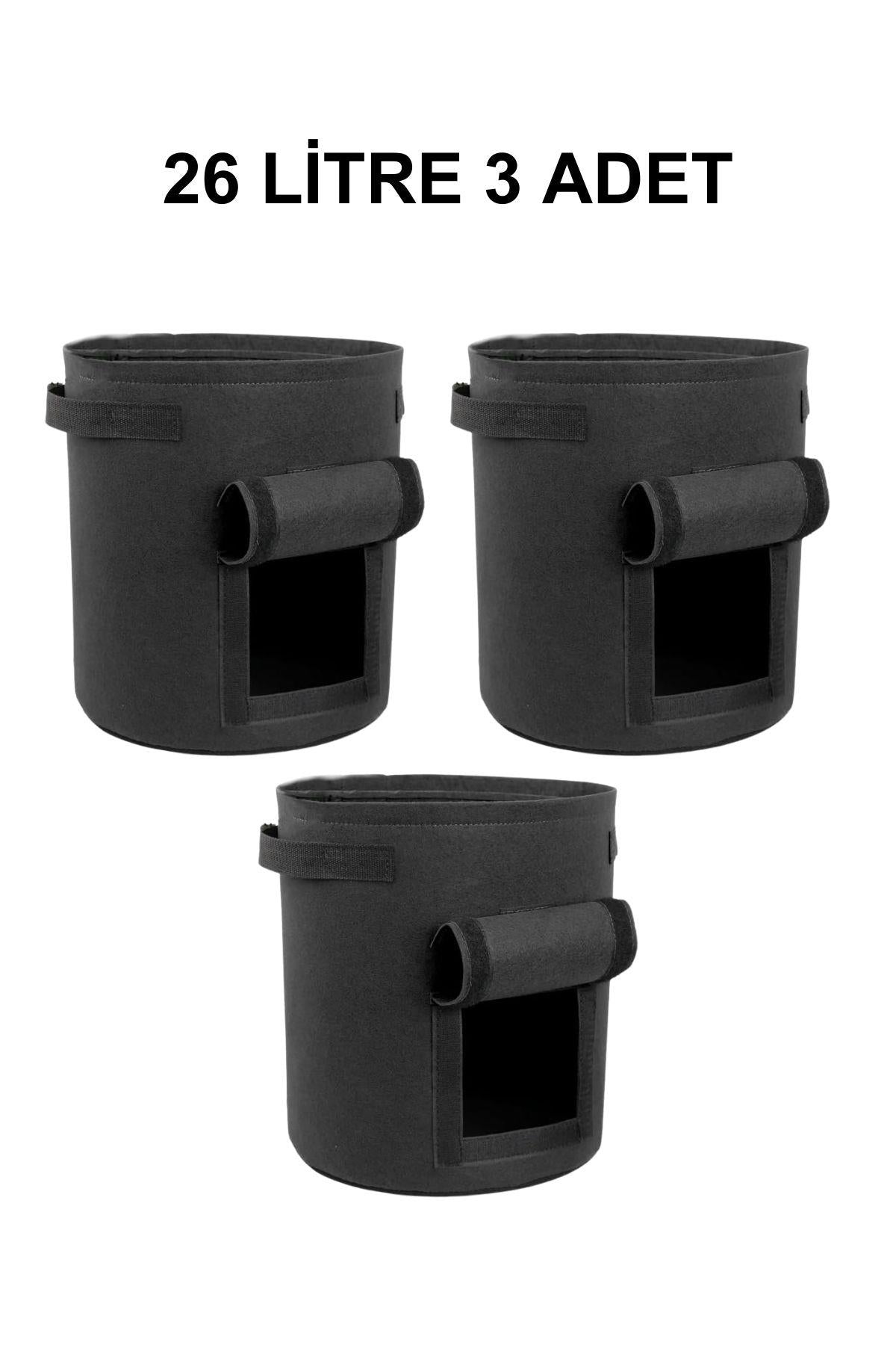 Grow Wizard 26 litre pencereli kumaş saksı 3 adet – üç adet büyük gözlem kapaklı siyah kumaş saksı
