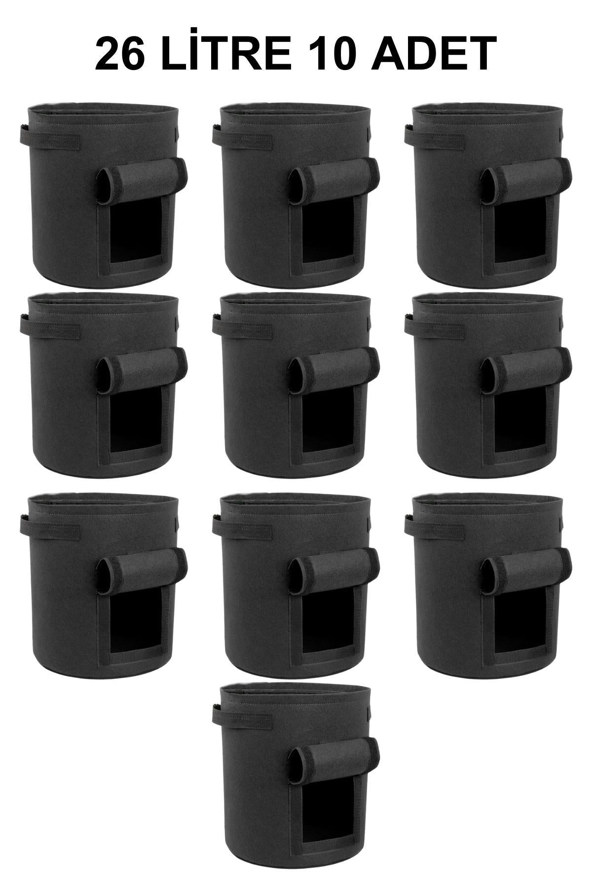 Grow Wizard 26 litre pencereli kumaş saksı 10 adet – on adet gözlem kapaklı siyah kumaş saksı istifi