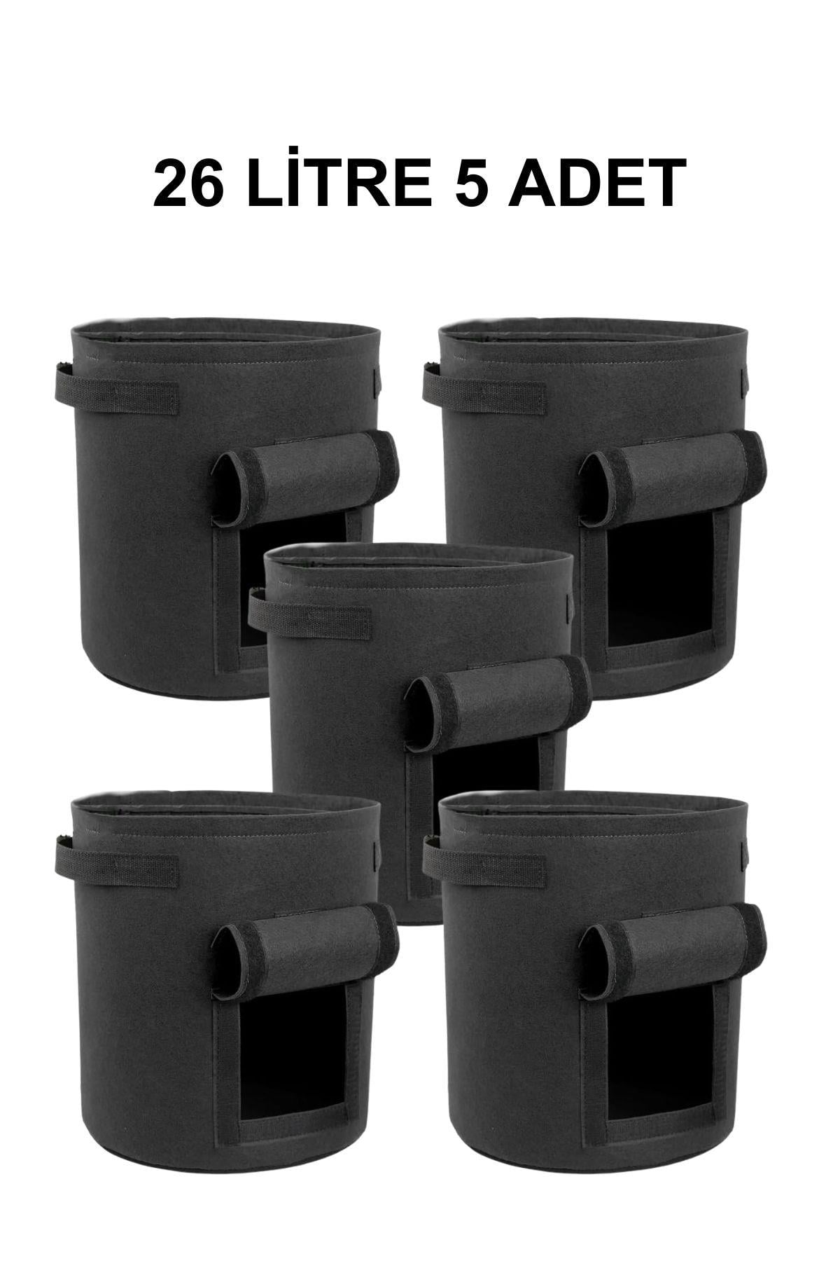 Grow Wizard 26 litre pencereli kumaş saksı 5 adet – beş adet yan kapaklı büyük siyah kumaş saksı