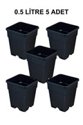 Grow Wizard 0,5 litre plastik kare saksı 5 adet – beş adet küçük siyah kare saksının toplu görünümü