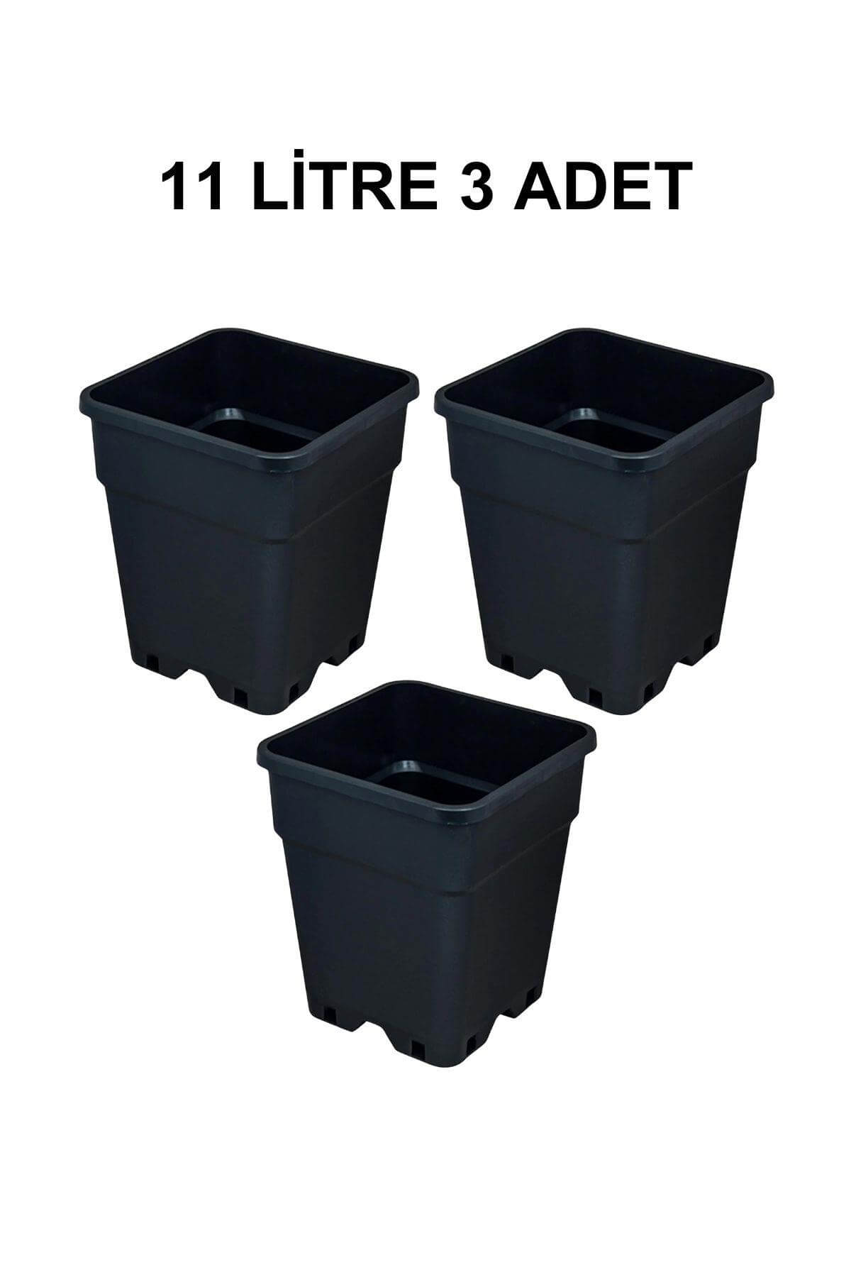 Grow Wizard 11 litre plastik kare saksı 3 adet – üç adet orta boy siyah kare saksı yan yana