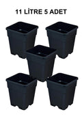 Grow Wizard 11 litre plastik kare saksı 5 adet – beş adet siyah kare saksının toplu görünümü