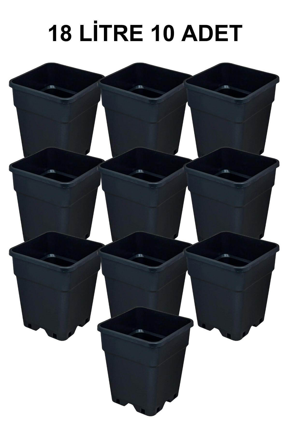 Grow Wizard 18 litre plastik kare saksı 10 adet – on adet büyük siyah kare saksının istiflenmiş hali