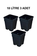 Grow Wizard 18 litre plastik kare saksı 3 adet – üç adet büyük siyah kare saksı yan yana dizili