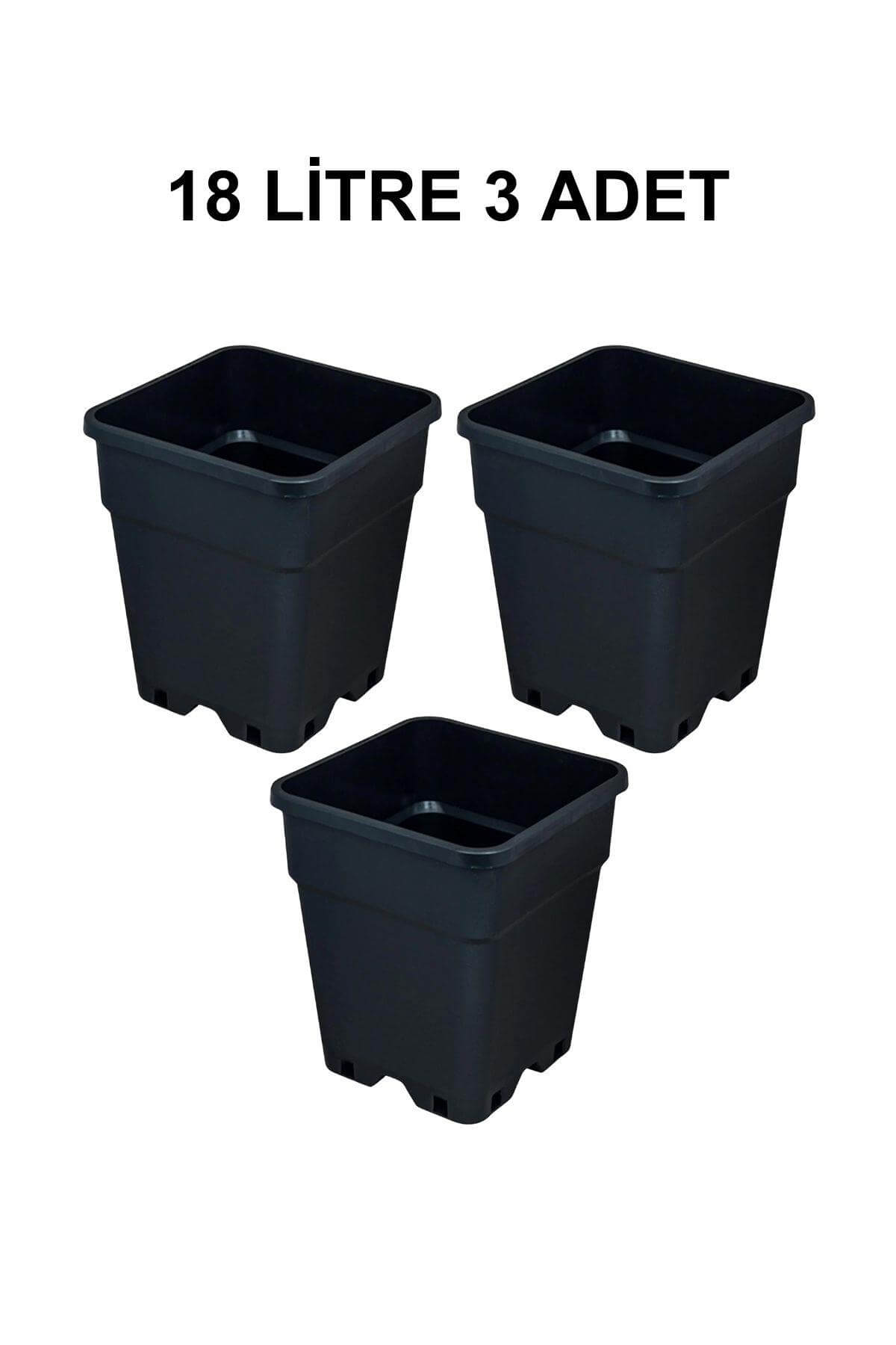 Grow Wizard 18 litre plastik kare saksı 3 adet – üç adet büyük siyah kare saksı yan yana dizili