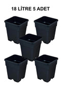 Grow Wizard 18 litre plastik kare saksı 5 adet – beş adet büyük siyah kare saksının toplu görünümü