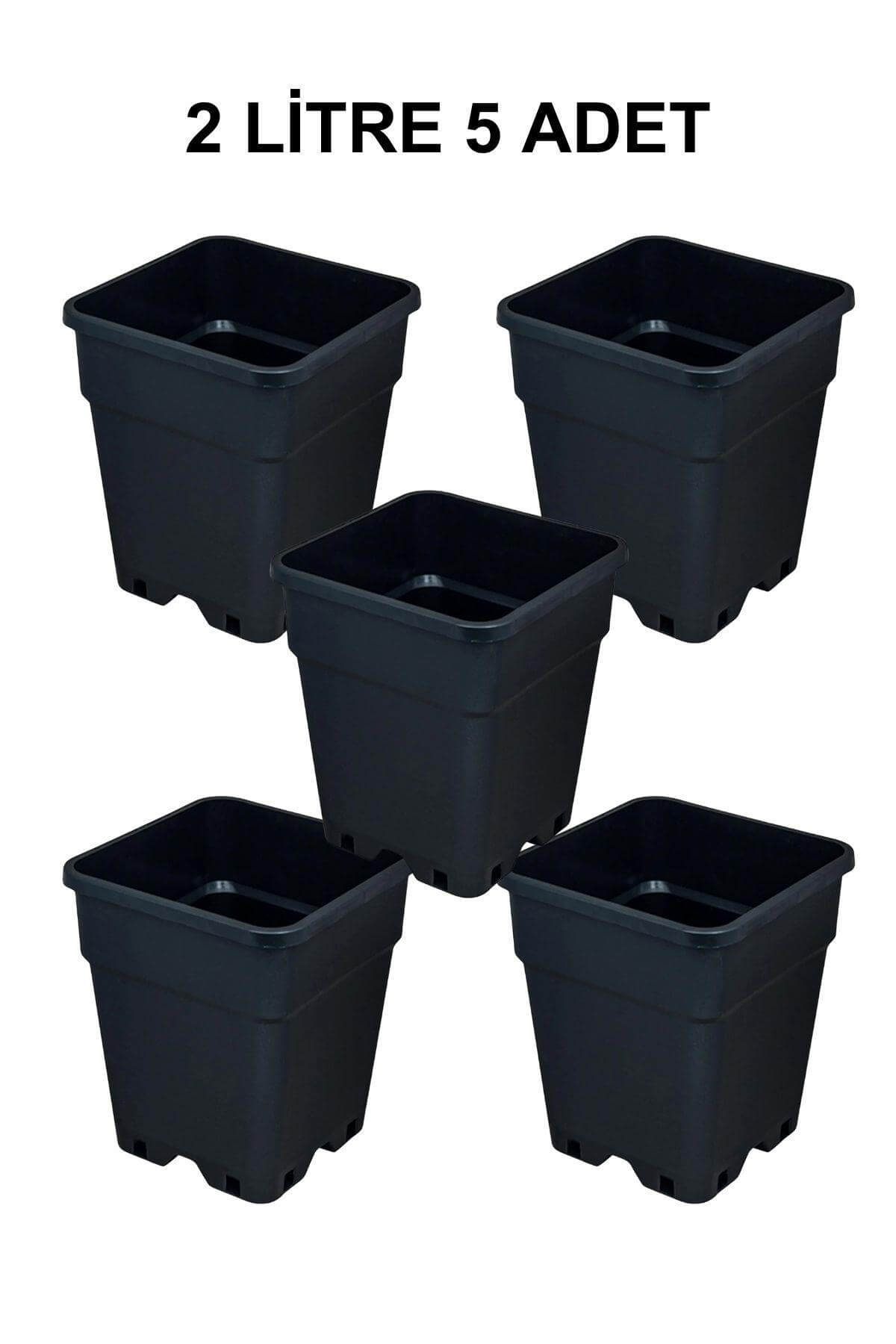 Grow Wizard 2 litre plastik kare saksı 5 adet – beş adet siyah kare saksının katlanmış paket görünümü
