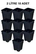 Grow Wizard 2 litre plastik kare saksı 10 adet – on adet siyah kare saksının istiflenmiş toplu hali