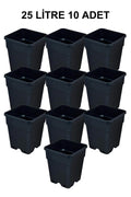 Grow Wizard 25 litre plastik kare saksı 10 adet – on adet büyük siyah kare saksının istiflenmiş hali