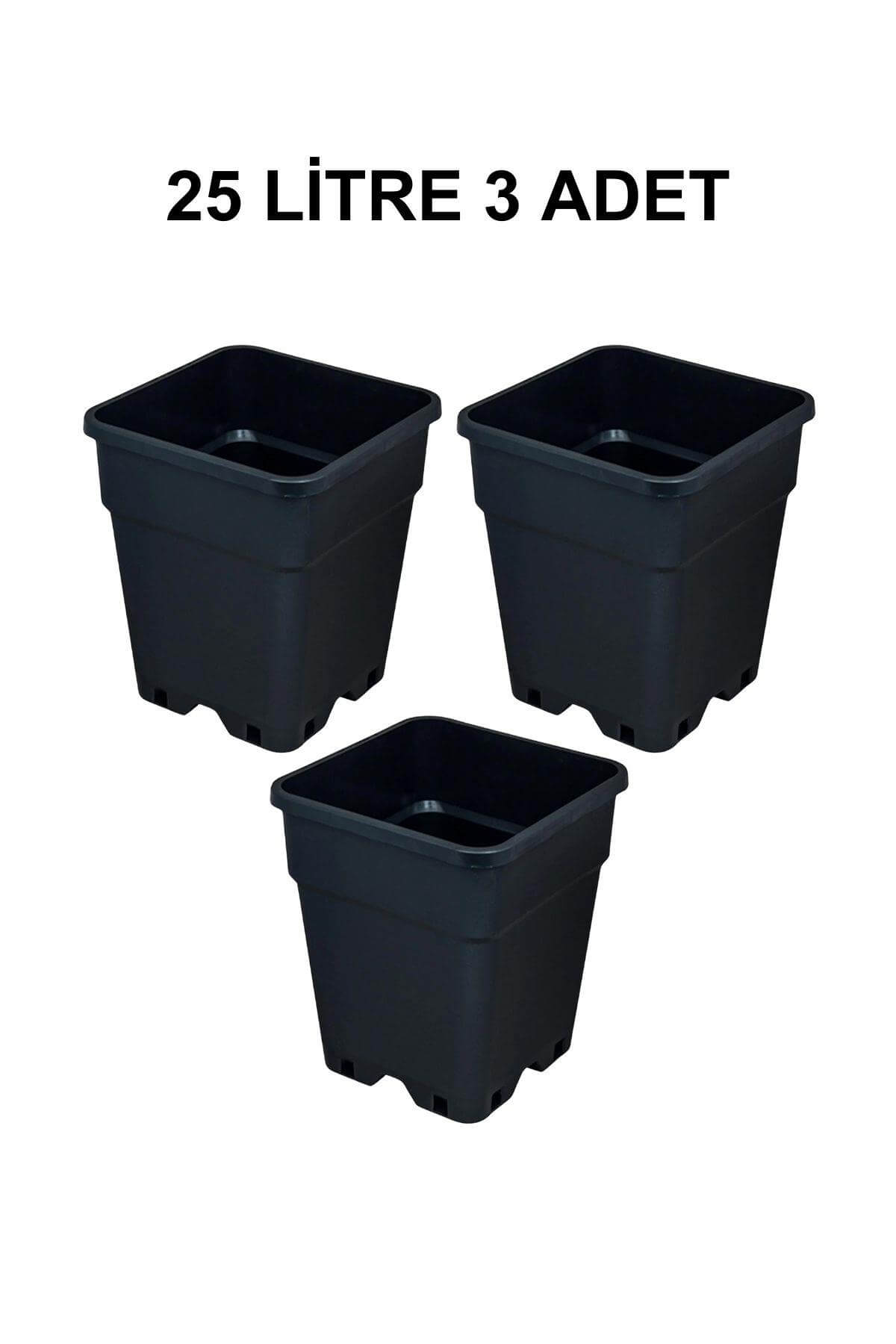 Grow Wizard 25 litre plastik kare saksı 3 adet – üç adet yüksek gövdeli siyah kare saksı yan yana