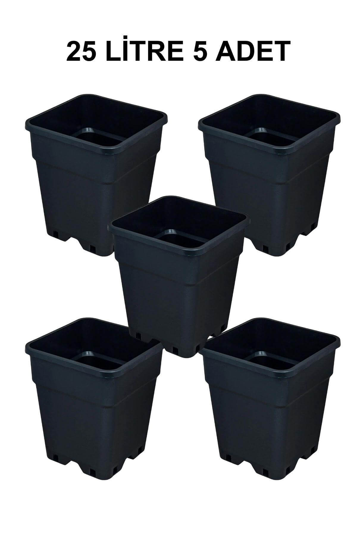Grow Wizard 25 litre plastik kare saksı 5 adet – beş adet yüksek siyah kare saksının toplu görünümü