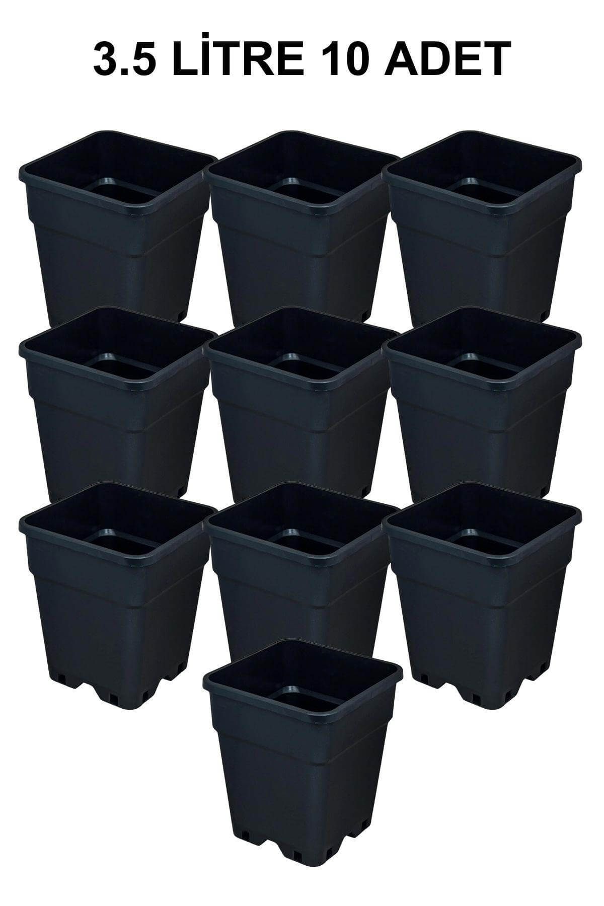 Grow Wizard 3,5 litre plastik kare saksı 10 adet – on adet siyah kare saksının iç içe istiflenmiş hali