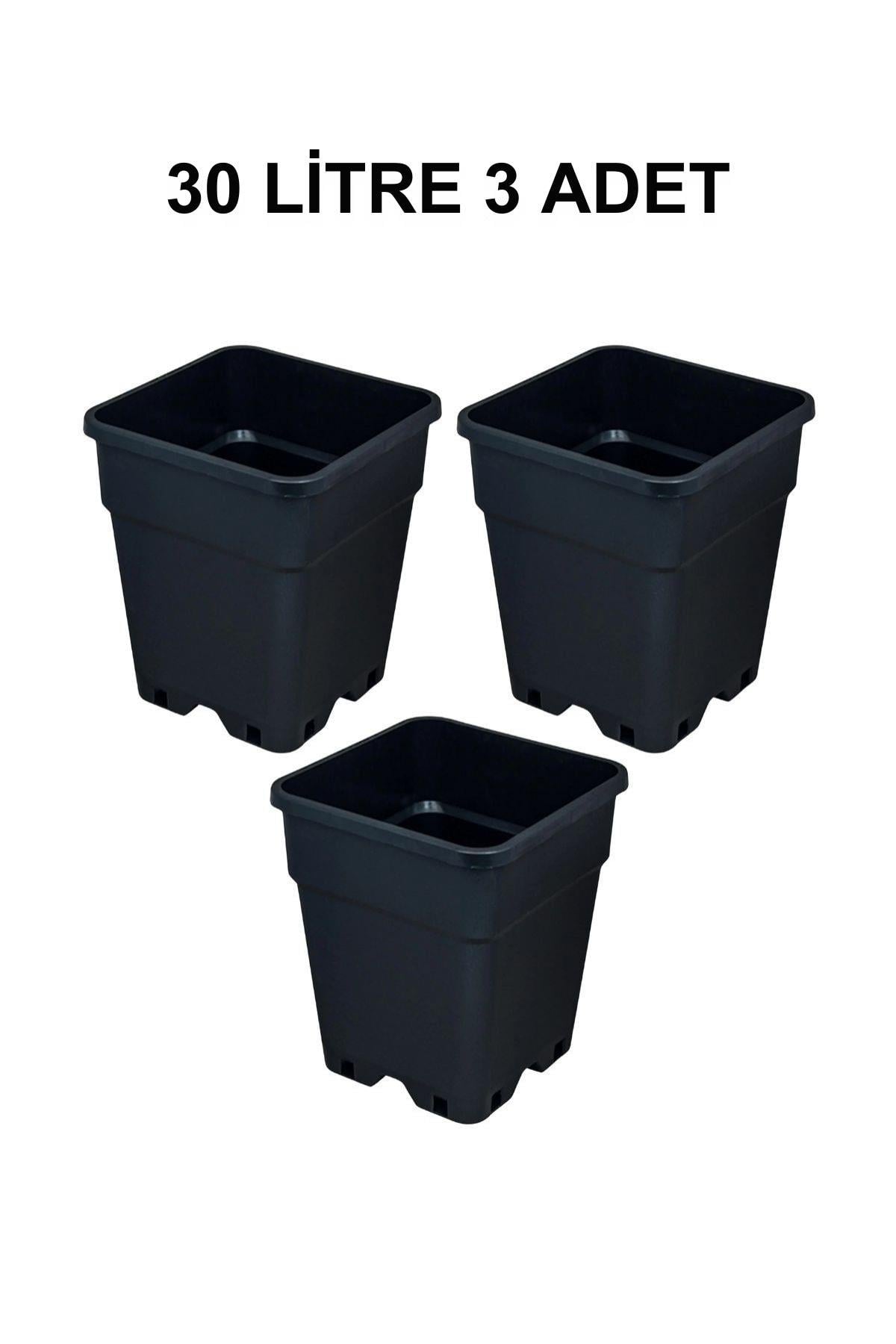 Grow Wizard 30 litre plastik kare saksı 3 adet – üç adet en büyük boy siyah kare saksı yan yana