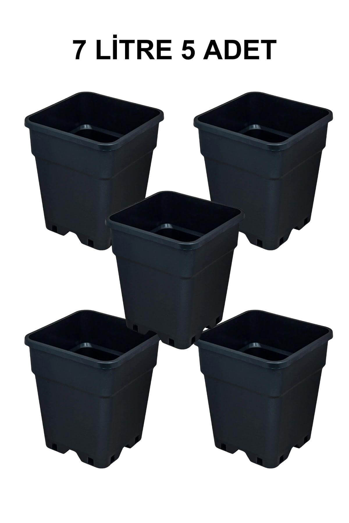 Grow Wizard 7 litre plastik kare saksı 5 adet – beş adet siyah kare saksının toplu paket görünümü